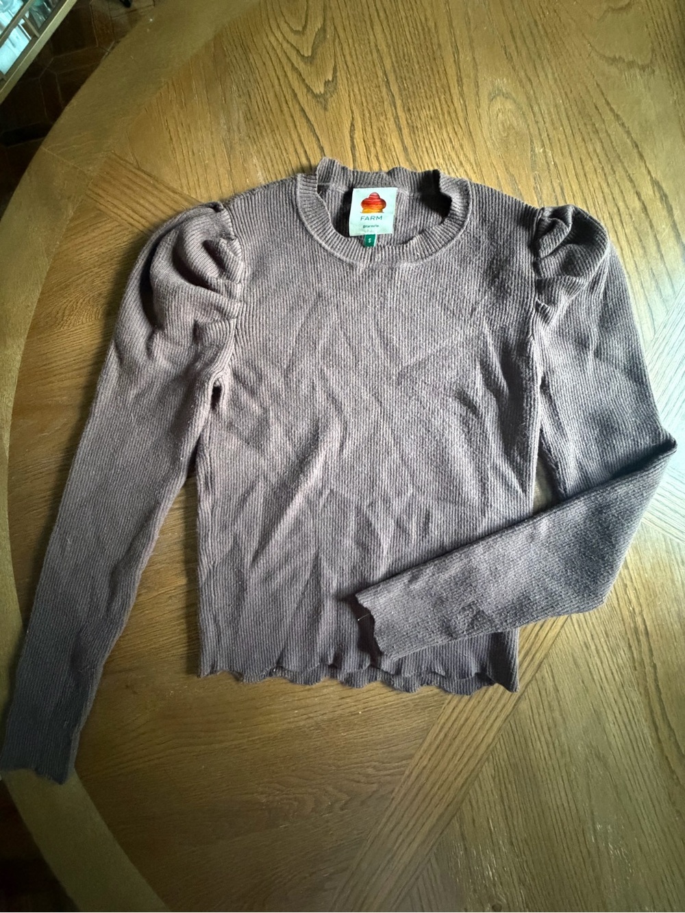 FARM Rio Chocolate Brown Puff-Sleeve Ribbed Top - Picture 3 of 4